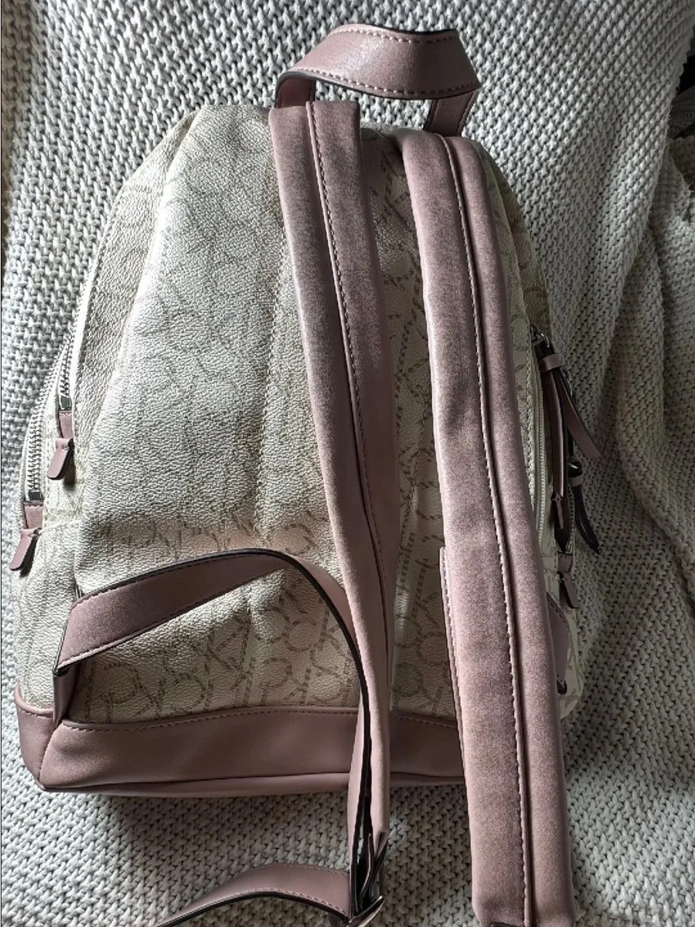 Calvin Klein Beige Monogram Backpack with Dusty Pink Trim